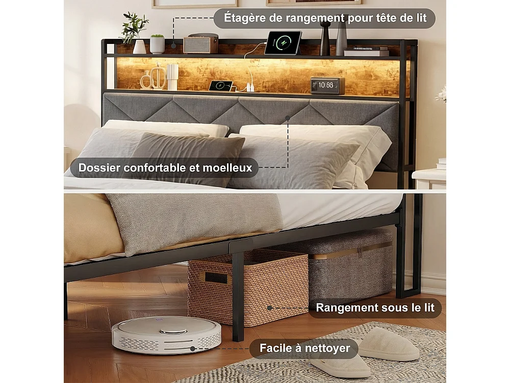 Cadre de lit en métal - 140 x 200 cm - avec tête de stockage et éclairage LED & charge USB - linge