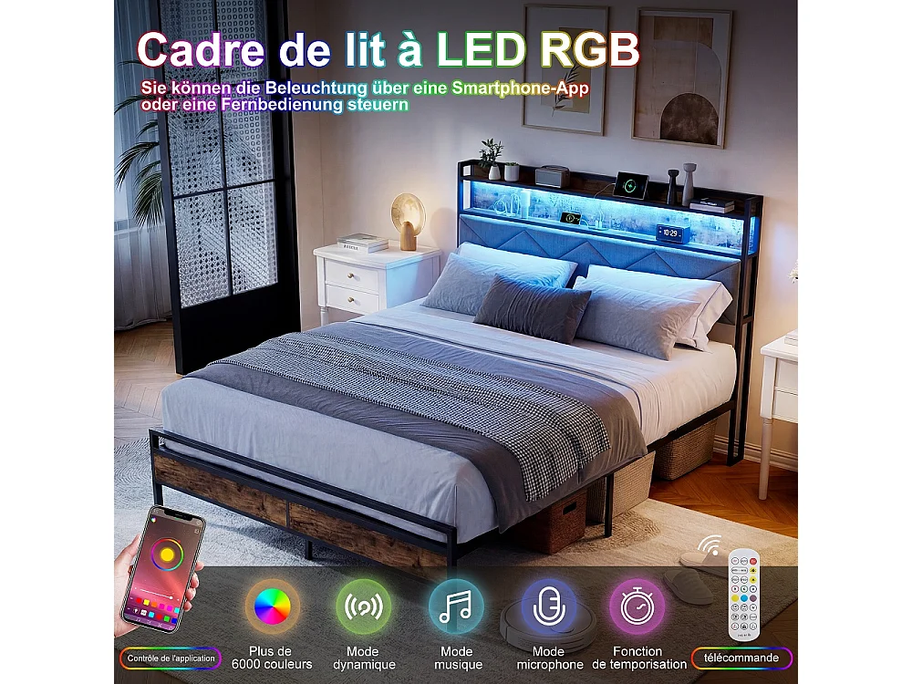 Cadre de lit en métal - 140 x 200 cm - avec tête de stockage et éclairage LED & charge USB - linge