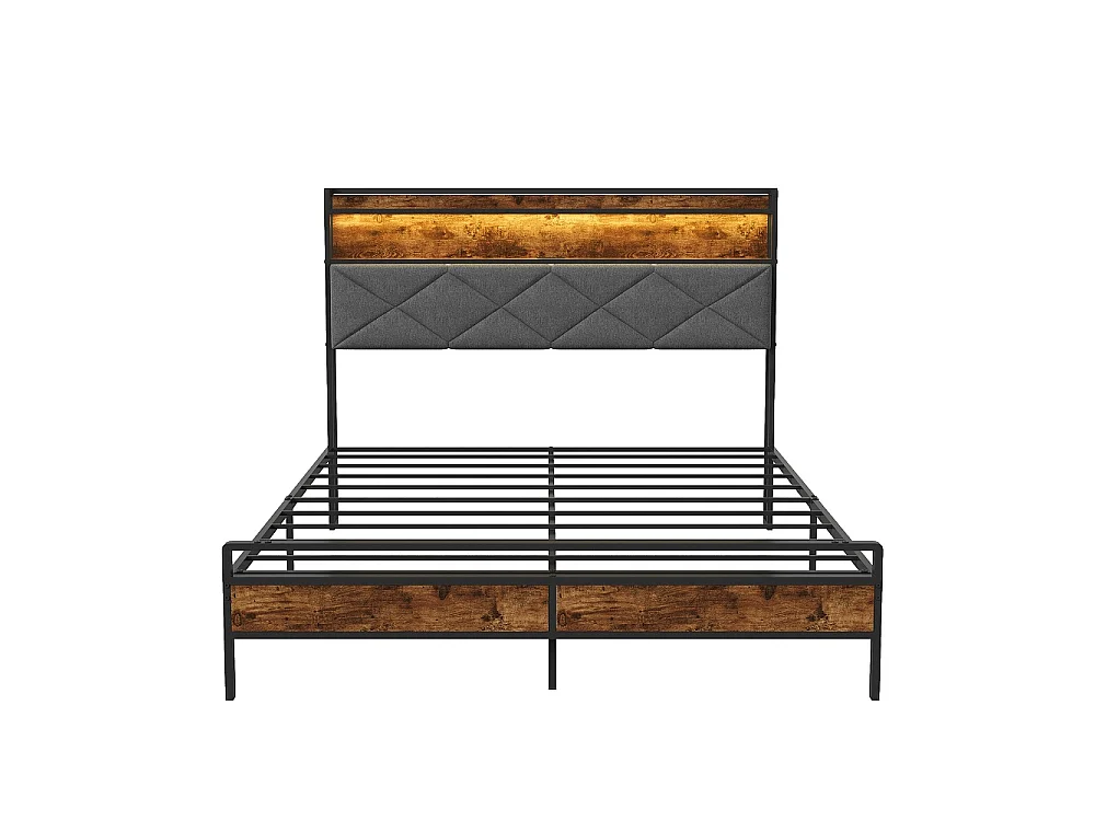 Cadre de lit en métal - 140 x 200 cm - avec tête de stockage et éclairage LED & charge USB - linge