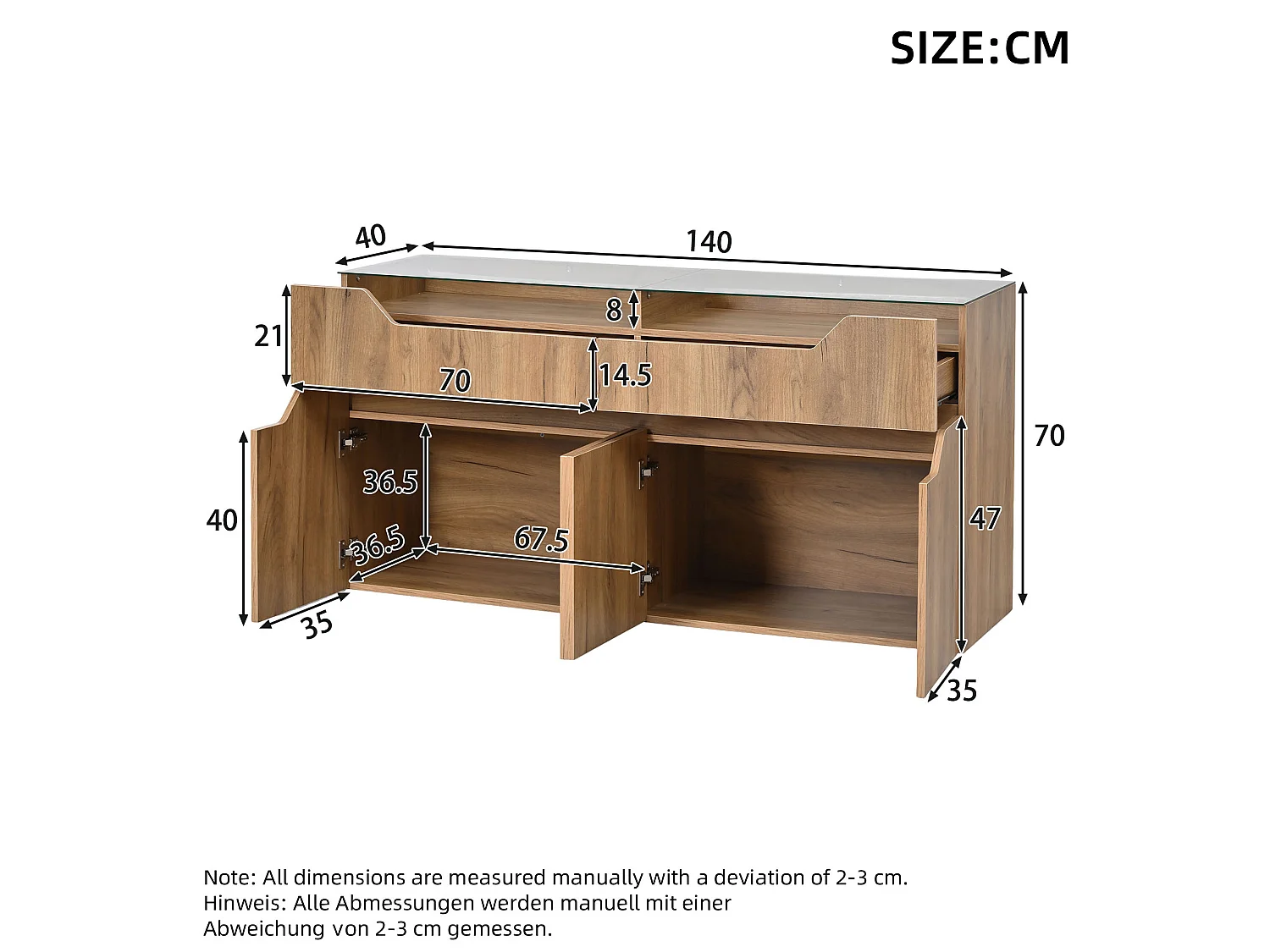 Buffet avec Led et 2 tiroirs, en MDF, naturel, 140 x 40 x 70 cm