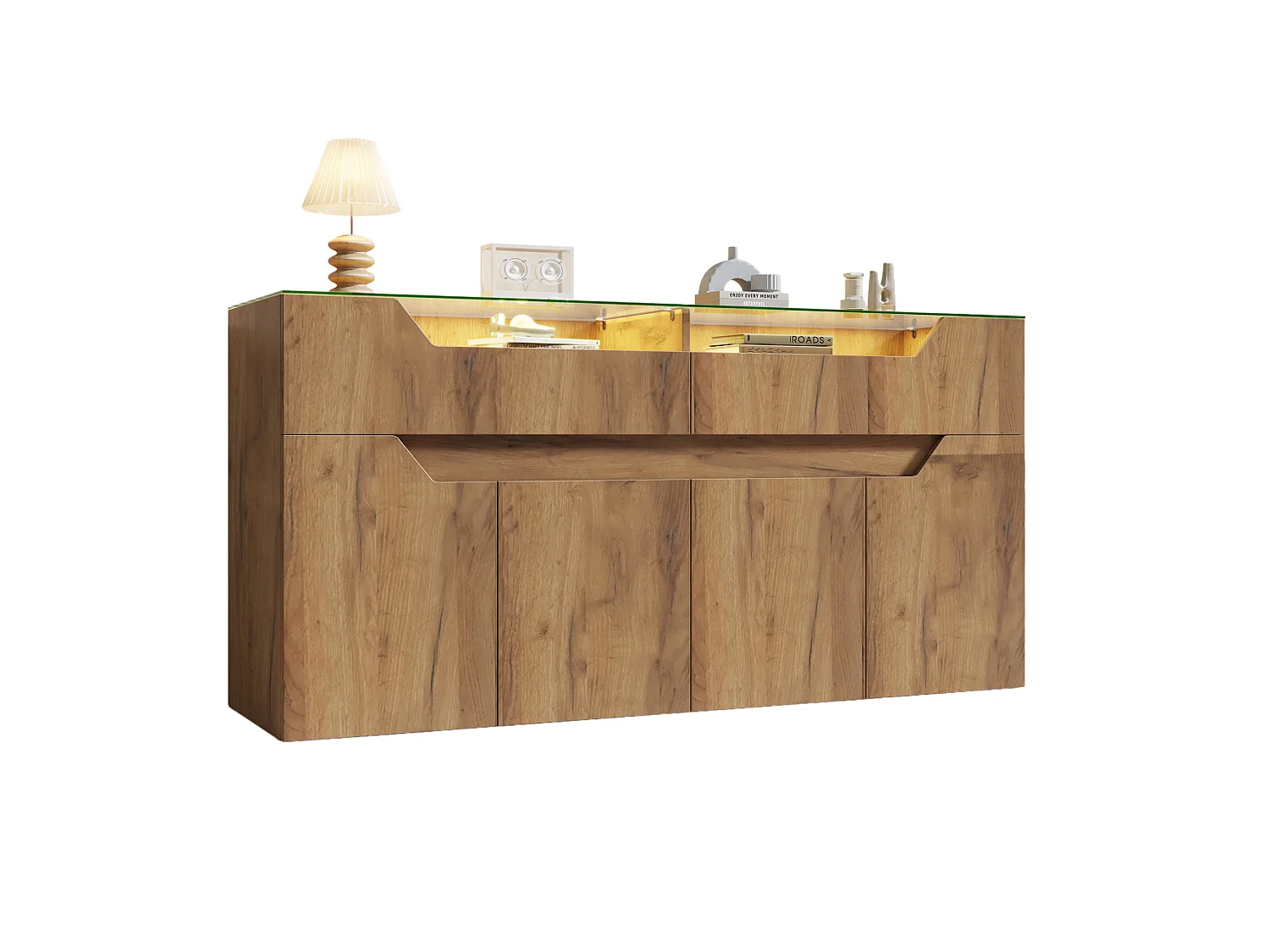 Buffet avec Led et 2 tiroirs, en MDF, naturel, 140 x 40 x 70 cm