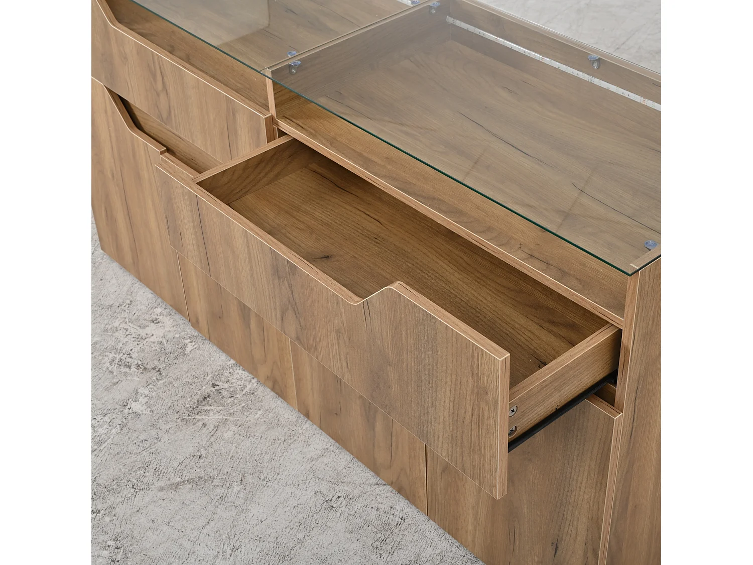 Buffet avec Led et 2 tiroirs, en MDF, naturel, 140 x 40 x 70 cm