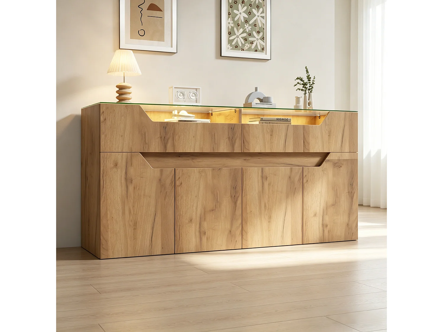 Buffet avec Led et 2 tiroirs, en MDF, naturel, 140 x 40 x 70 cm