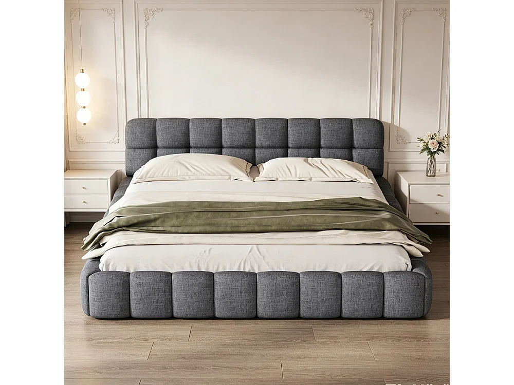 Lit plat - 140 x 200 cm - avec cadre à lames et tête rembourrée - Sans pieds - Linge de maison - Gris