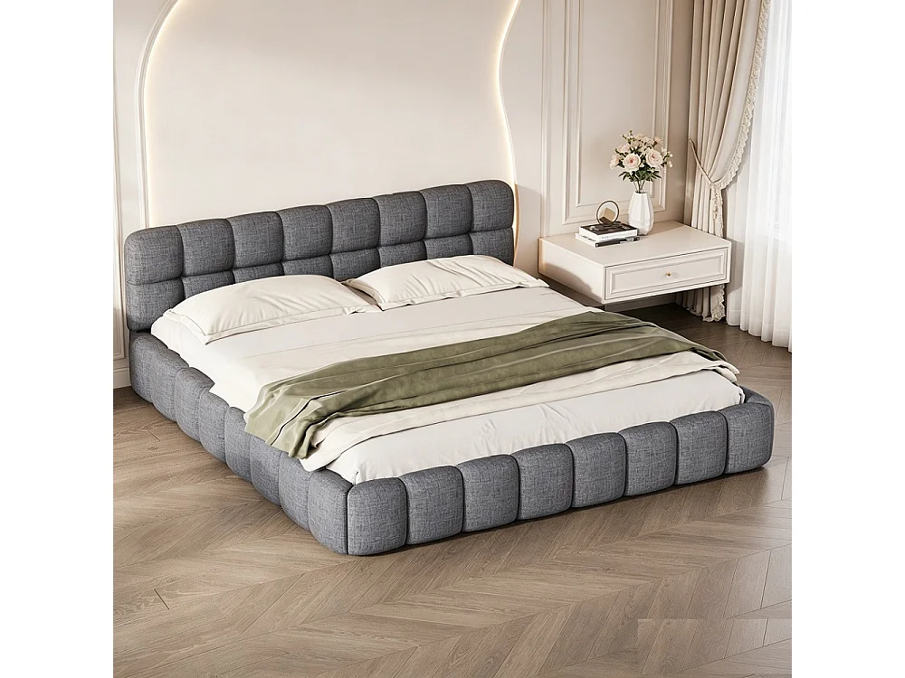 Lit plat - 140 x 200 cm - avec cadre à lames et tête rembourrée - Sans pieds - Linge de maison - Gris