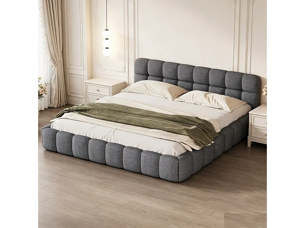 Lit plat - 140 x 200 cm - avec cadre à lames et tête rembourrée - Sans pieds - Linge de maison - Gris