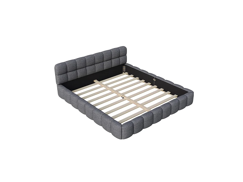 Lit plat - 140 x 200 cm - avec cadre à lames et tête rembourrée - Sans pieds - Linge de maison - Gris