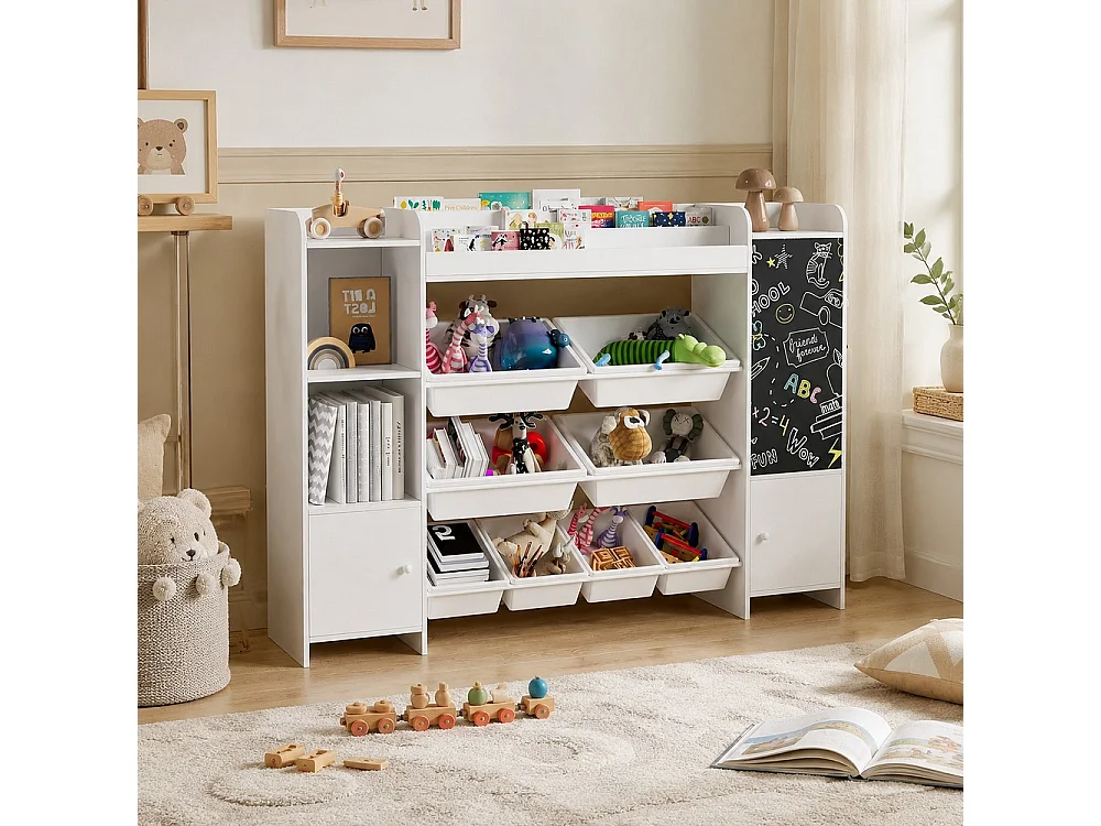 Bibliothèques pour enfants - 137 cm - avec tableau noir, 2 portes et 8 paniers - Blanc