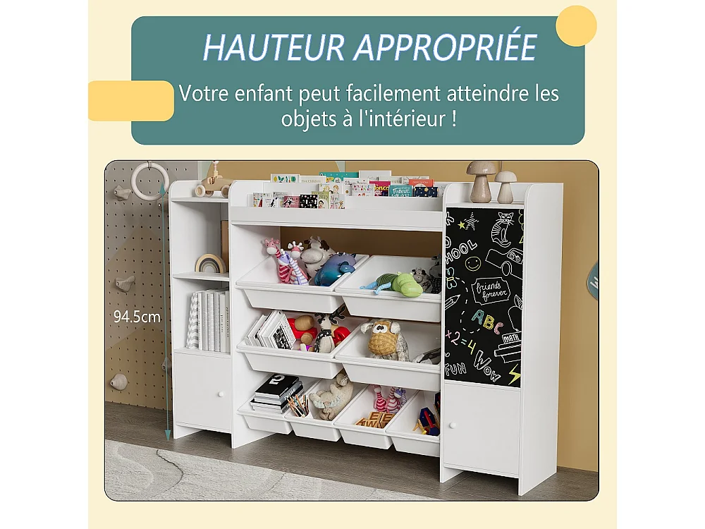 Bibliothèques pour enfants - 137 cm - avec tableau noir, 2 portes et 8 paniers - Blanc
