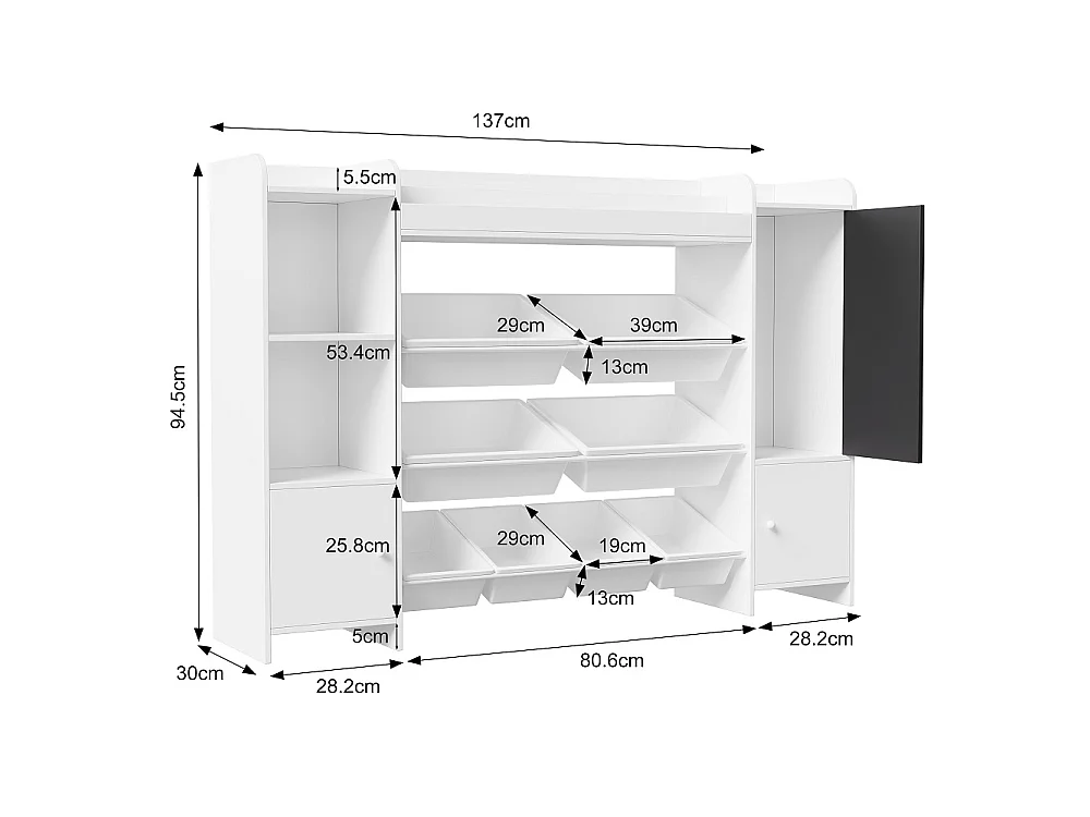 Bibliothèques pour enfants - 137 cm - avec tableau noir, 2 portes et 8 paniers - Blanc