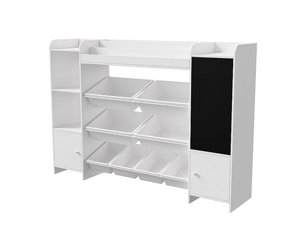 Bibliothèques pour enfants - 137 cm - avec tableau noir, 2 portes et 8 paniers - Blanc