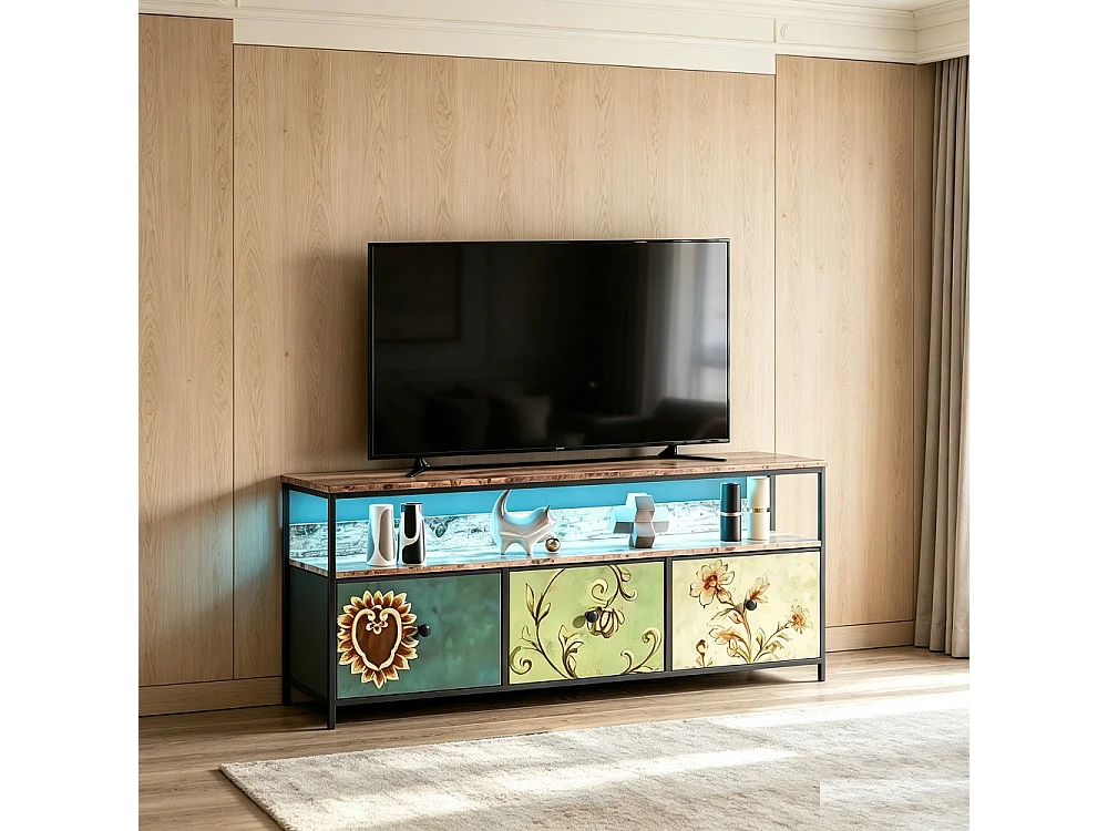 Supports TV - 137 x 30 x 57cm - Avec éclairage LED - 3 tiroirs en tissu & haut en bois & cadre métallique - coloré