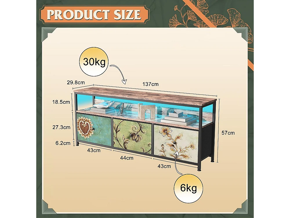 Supports TV - 137 x 30 x 57cm - Avec éclairage LED - 3 tiroirs en tissu & haut en bois & cadre métallique - coloré