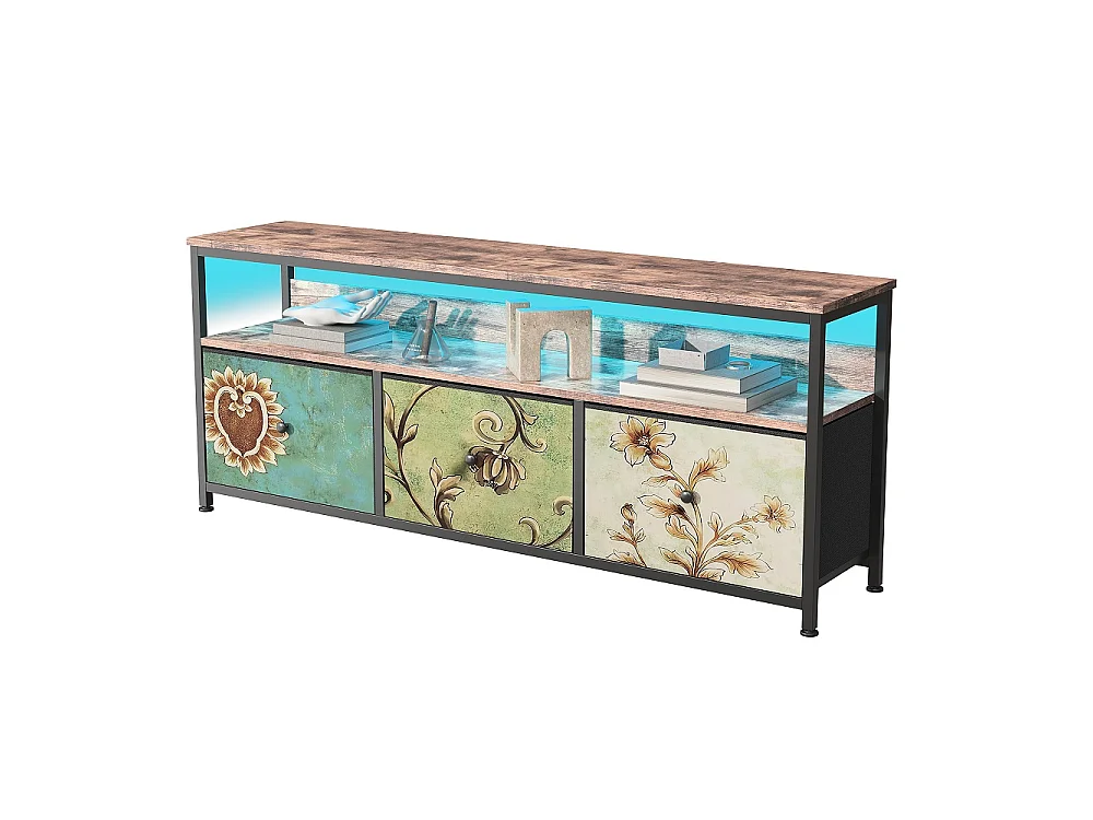 Supports TV - 137 x 30 x 57cm - Avec éclairage LED - 3 tiroirs en tissu & haut en bois & cadre métallique - coloré