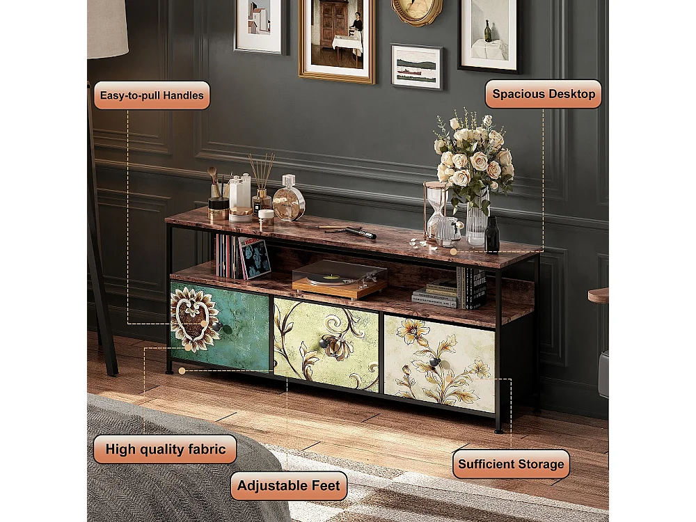 Supports TV - 137 x 30 x 57cm - Avec éclairage LED - 3 tiroirs en tissu & haut en bois & cadre métallique - coloré