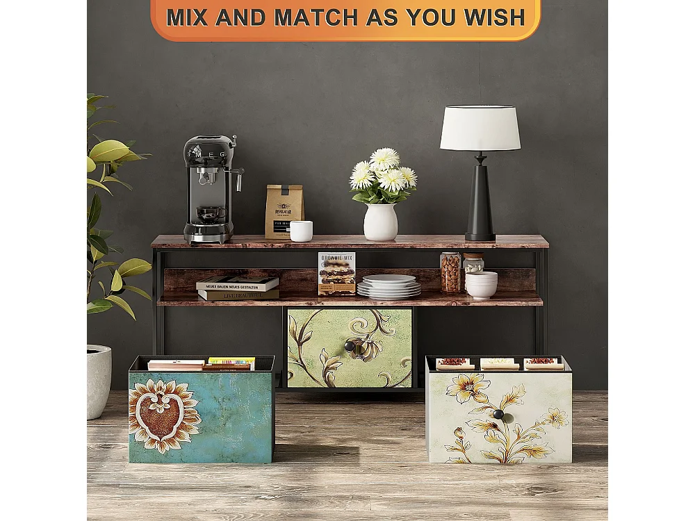Supports TV - 137 x 30 x 57cm - Avec éclairage LED - 3 tiroirs en tissu & haut en bois & cadre métallique - coloré
