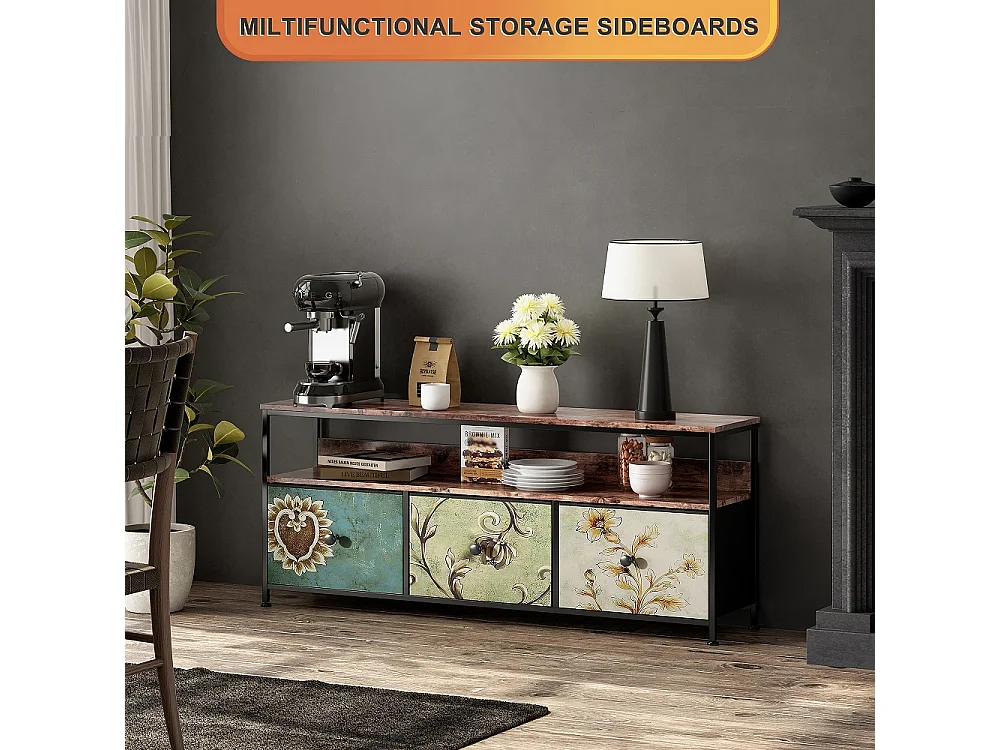 Supports TV - 137 x 30 x 57cm - Avec éclairage LED - 3 tiroirs en tissu & haut en bois & cadre métallique - coloré
