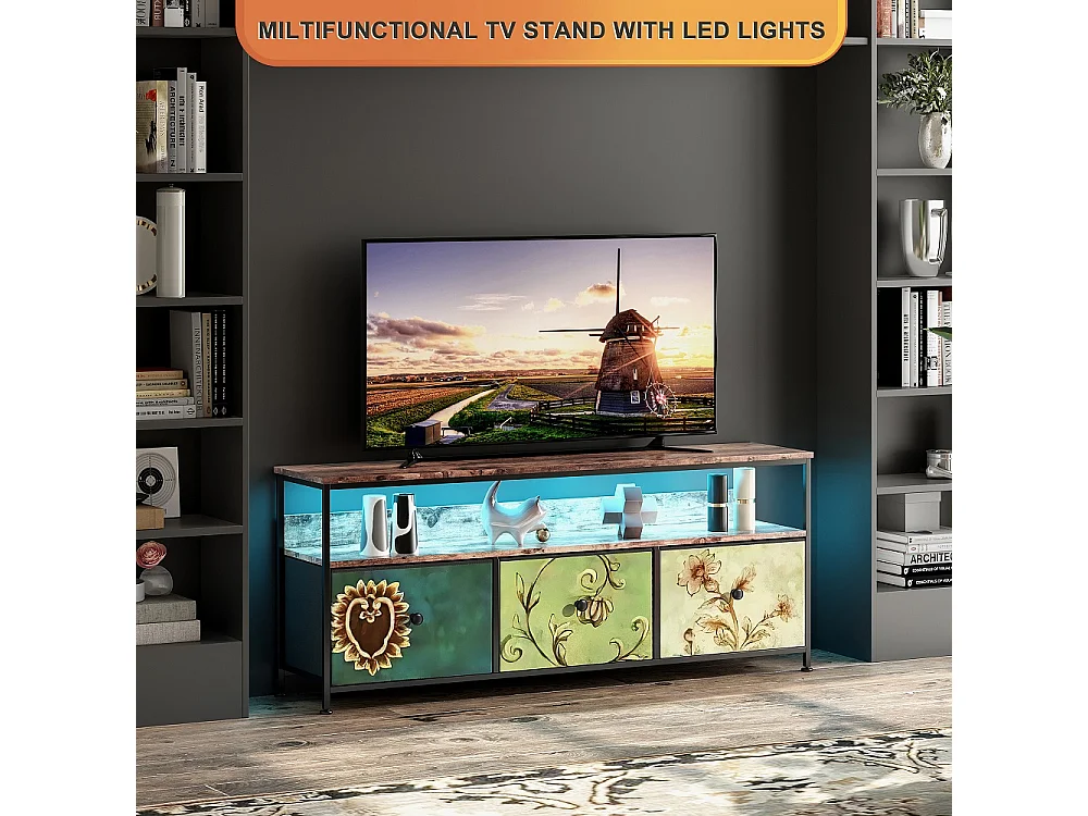 Supports TV - 137 x 30 x 57cm - Avec éclairage LED - 3 tiroirs en tissu & haut en bois & cadre métallique - coloré
