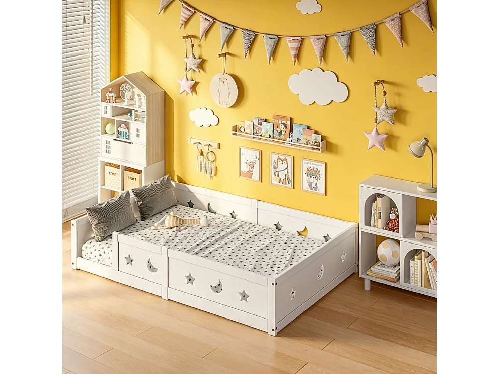 Lit de plancher convertible pour enfants - 120 x 200 cm - avec railings, découpes étoile et lune - bois de pin - blanc