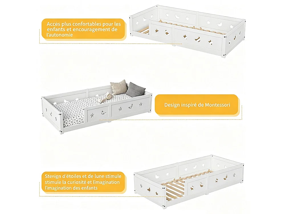 Lit de plancher convertible pour enfants - 120 x 200 cm - avec railings, découpes étoile et lune - bois de pin - blanc