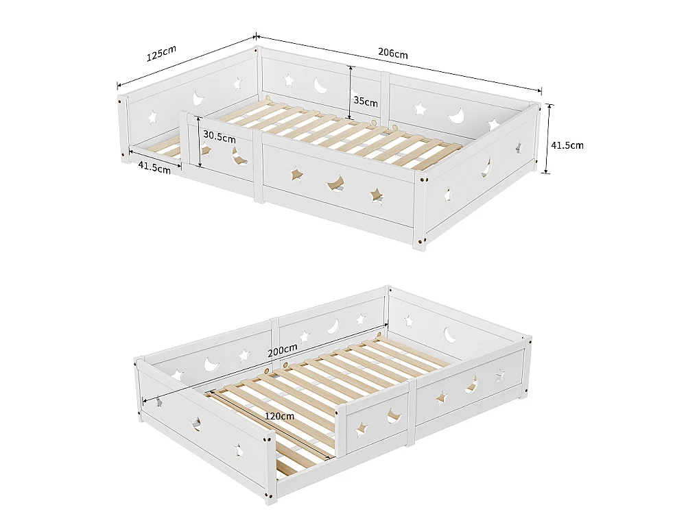 Lit de plancher convertible pour enfants - 120 x 200 cm - avec railings, découpes étoile et lune - bois de pin - blanc