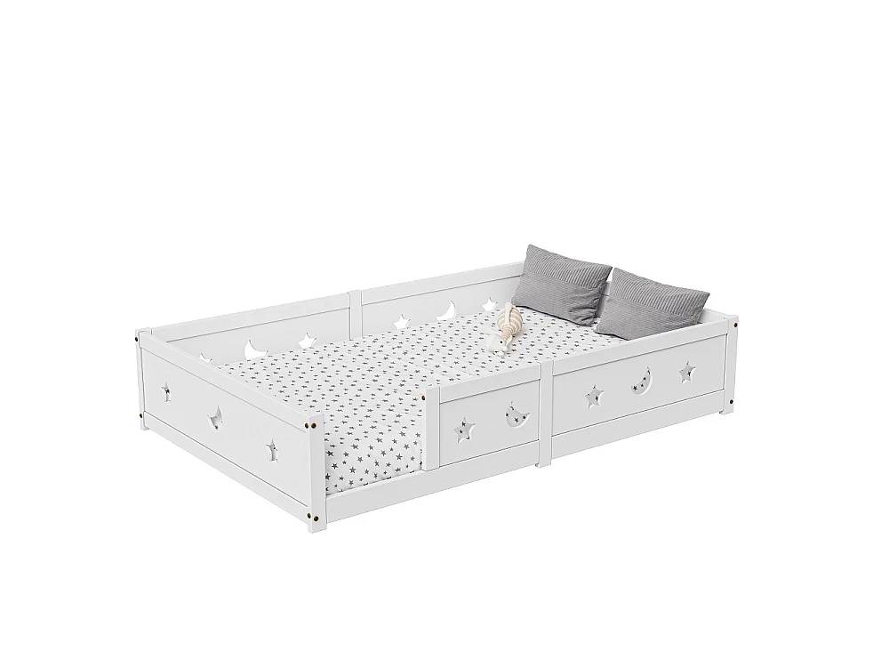 Lit de plancher convertible pour enfants - 120 x 200 cm - avec railings, découpes étoile et lune - bois de pin - blanc