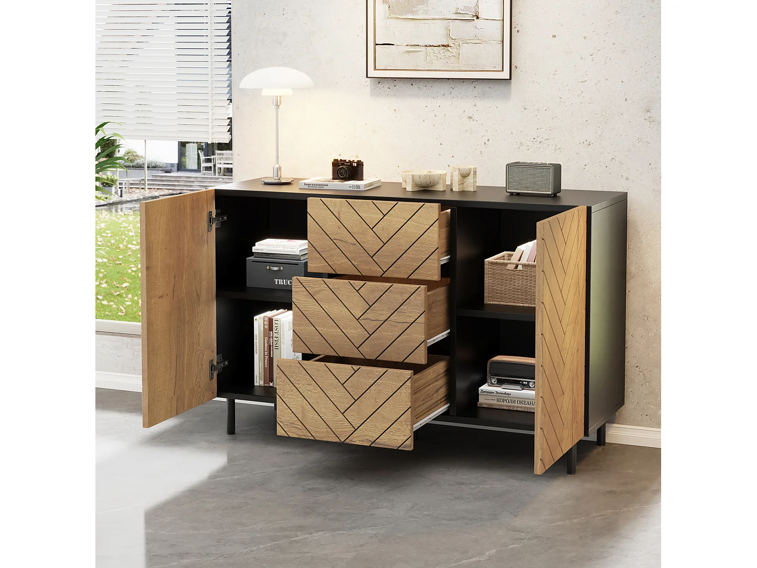Buffet avec 3 tiroirs et 2 placards, naturel, 120 x 40 x 76 cm