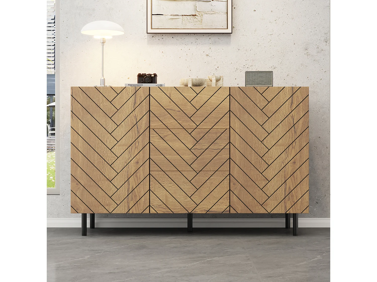 Buffet avec 3 tiroirs et 2 placards, naturel, 120 x 40 x 76 cm