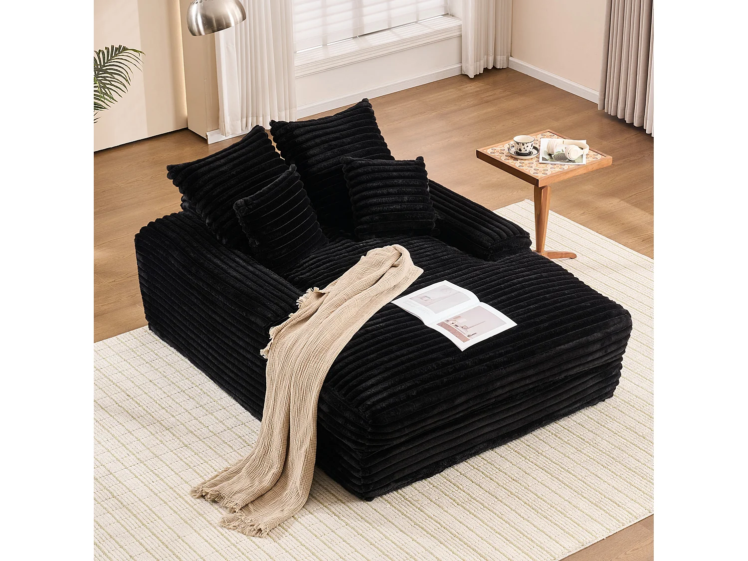 Canapé 1 place avec 4 coussins, en velours côtelé, noir, 165x135x58 cm