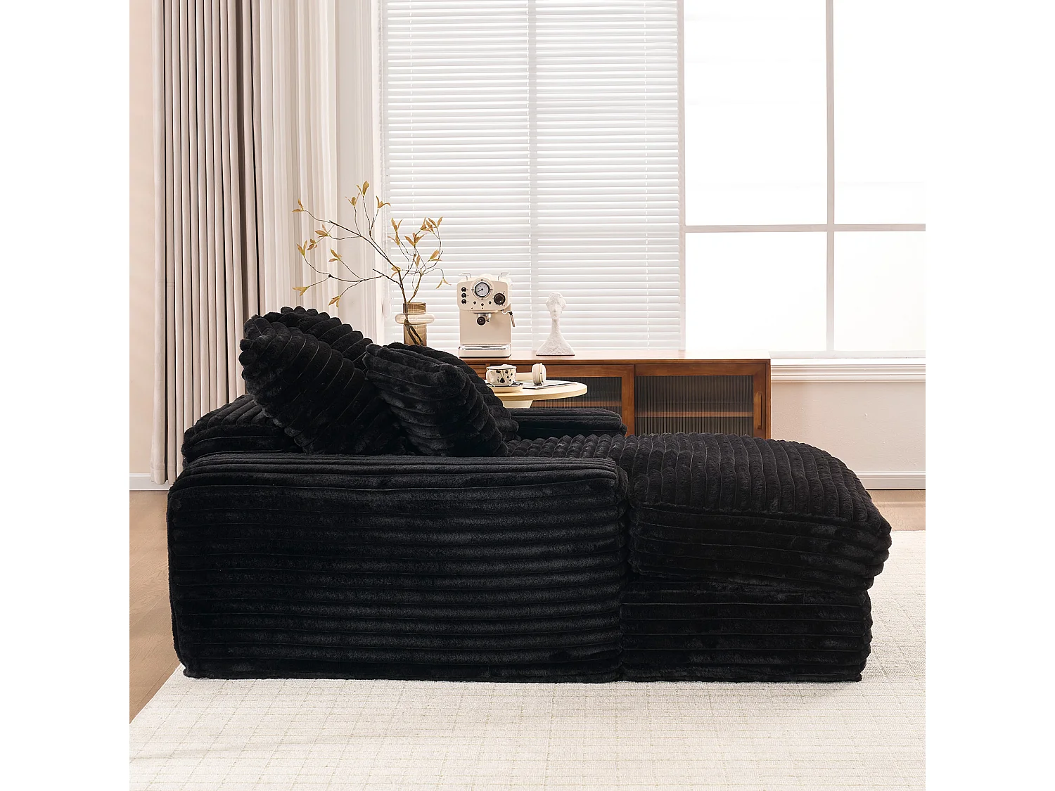 Canapé 1 place avec 4 coussins, en velours côtelé, noir, 165x135x58 cm