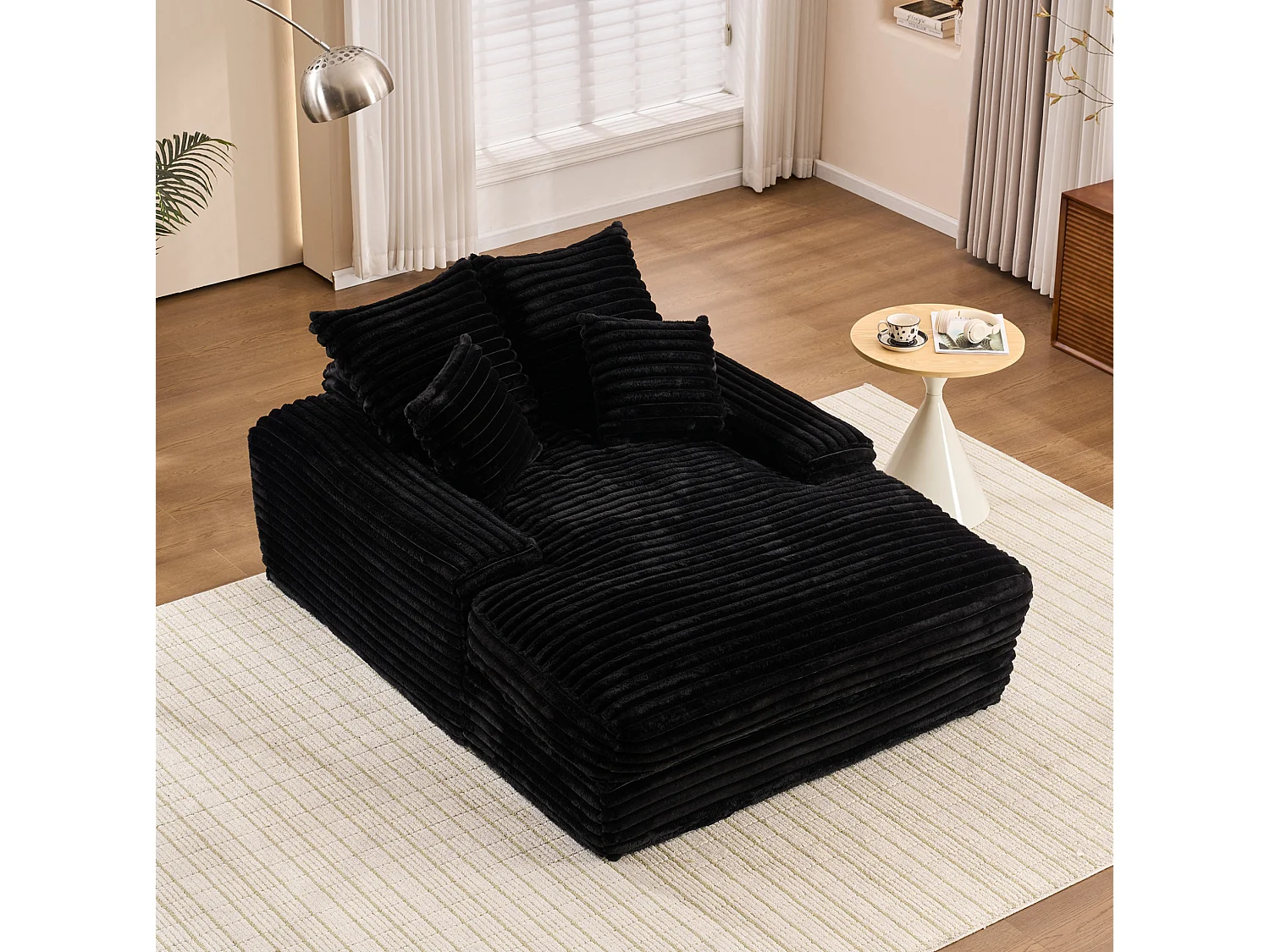 Canapé 1 place avec 4 coussins, en velours côtelé, noir, 165x135x58 cm