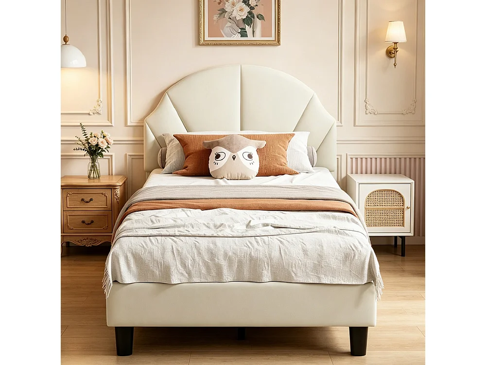 Cadre de lit pour enfants - 90 × 200 cm - Hauteur réglable en forme d'onde - velours - Beige