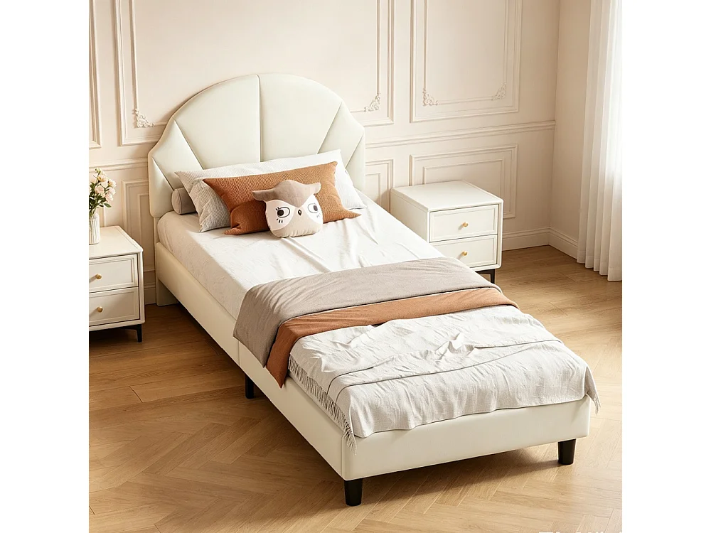 Cadre de lit pour enfants - 90 × 200 cm - Hauteur réglable en forme d'onde - velours - Beige