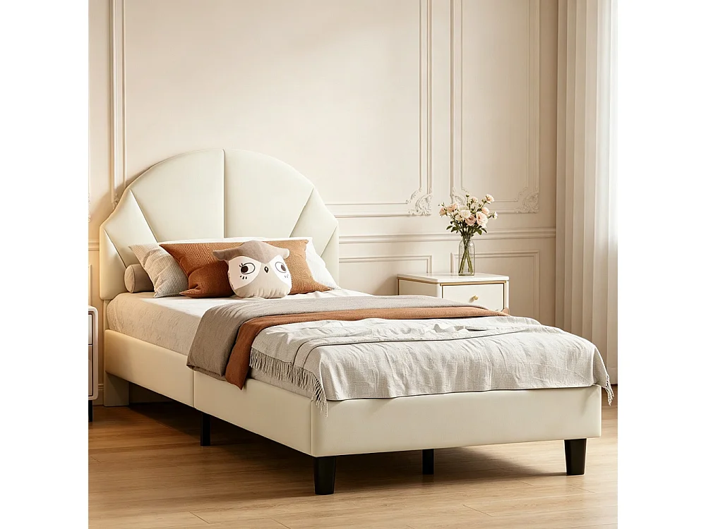 Cadre de lit pour enfants - 90 × 200 cm - Hauteur réglable en forme d'onde - velours - Beige
