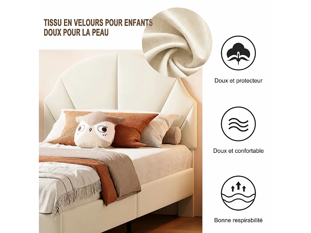 Cadre de lit pour enfants - 90 × 200 cm - Hauteur réglable en forme d'onde - velours - Beige