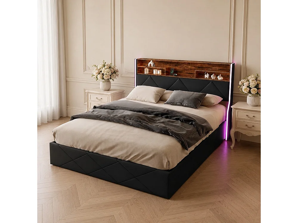 Lit hydraulique - 140 x 200 cm - Cabinet LED avec espace de stockage - avec station de charge USB - PU - noir