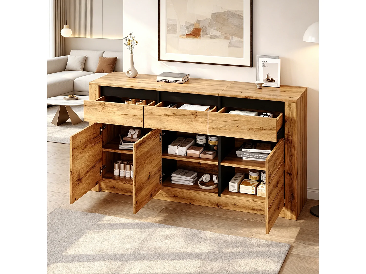 Buffet de cuisine avec 3 tiroirs et 3 portes, naturel, 135x35x70 cm