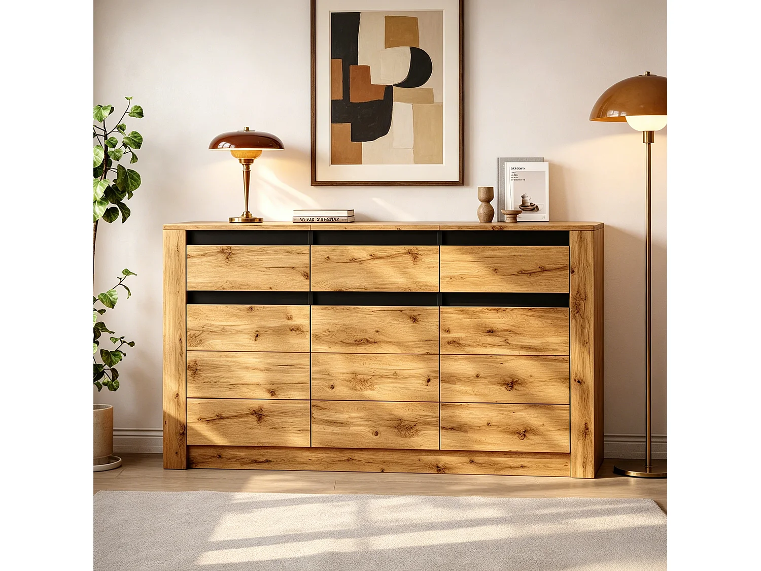 Buffet de cuisine avec 3 tiroirs et 3 portes, naturel, 135x35x70 cm