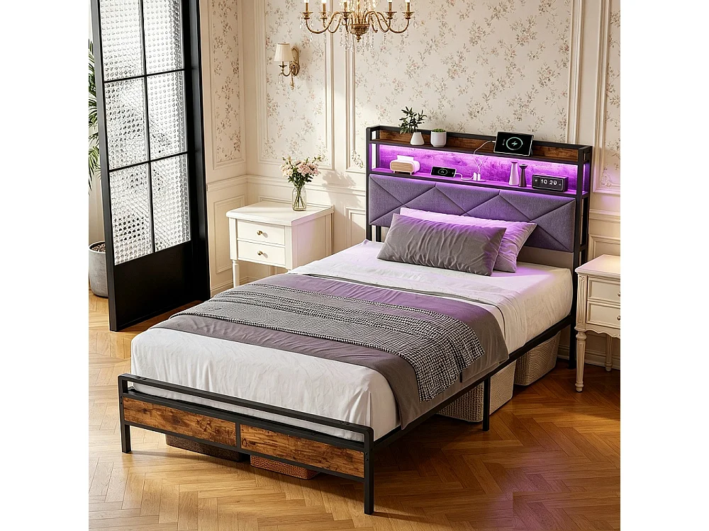Cadre de lit en métal - 90 x 200 cm - avec tête de stockage et éclairage LED & charge USB - linge