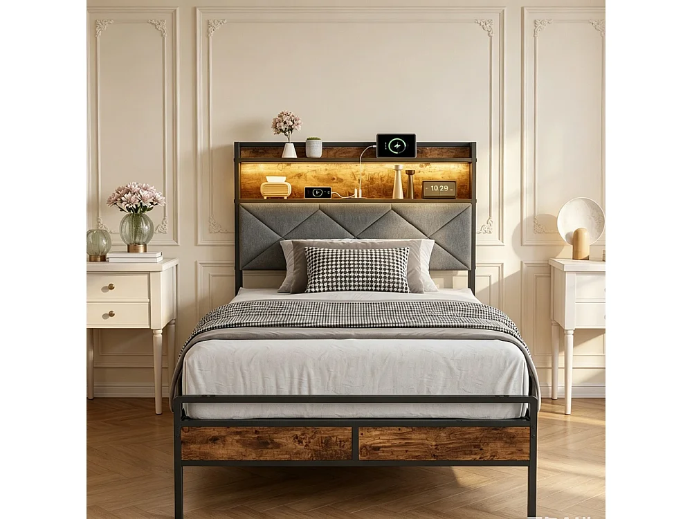 Cadre de lit en métal - 90 x 200 cm - avec tête de stockage et éclairage LED & charge USB - linge