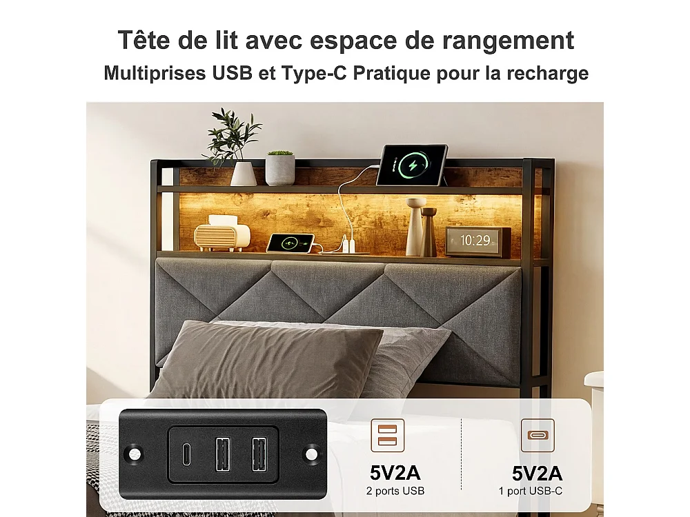 Cadre de lit en métal - 90 x 200 cm - avec tête de stockage et éclairage LED & charge USB - linge