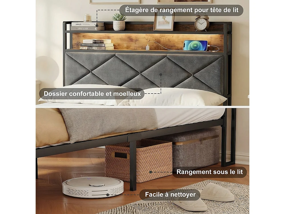 Cadre de lit en métal - 90 x 200 cm - avec tête de stockage et éclairage LED & charge USB - linge