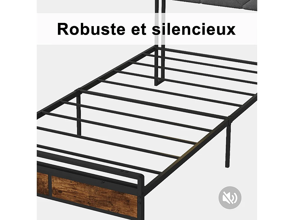 Cadre de lit en métal - 90 x 200 cm - avec tête de stockage et éclairage LED & charge USB - linge