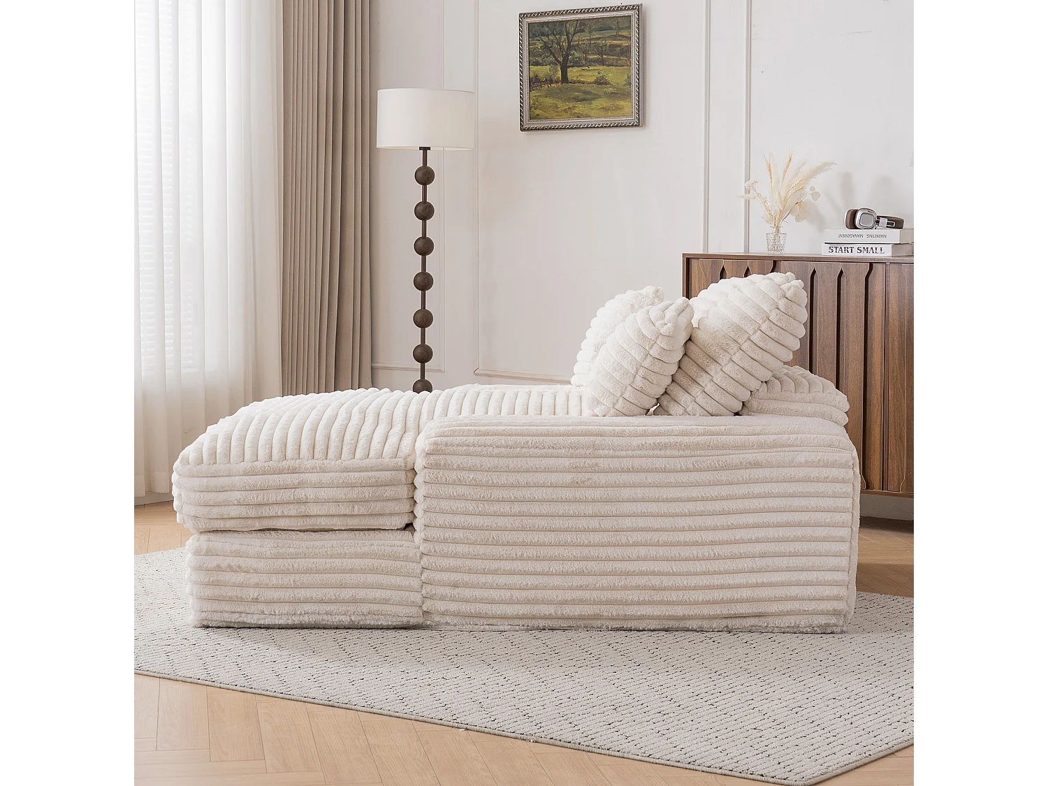 Canapé 1 place avec 4 coussins, en velours côtelé, beige, 175x137x63 cm