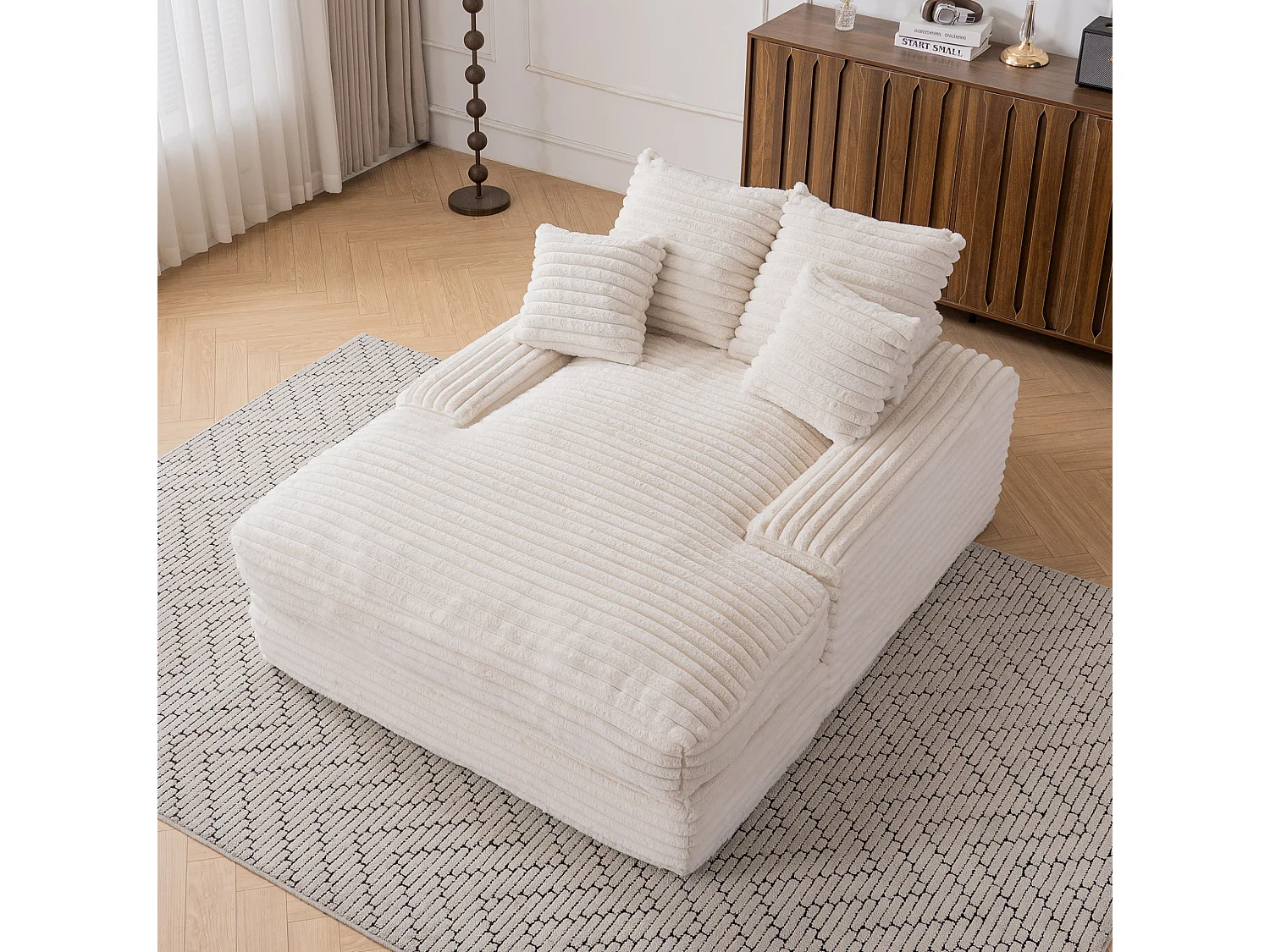 Canapé 1 place avec 4 coussins, en velours côtelé, beige, 175x137x63 cm
