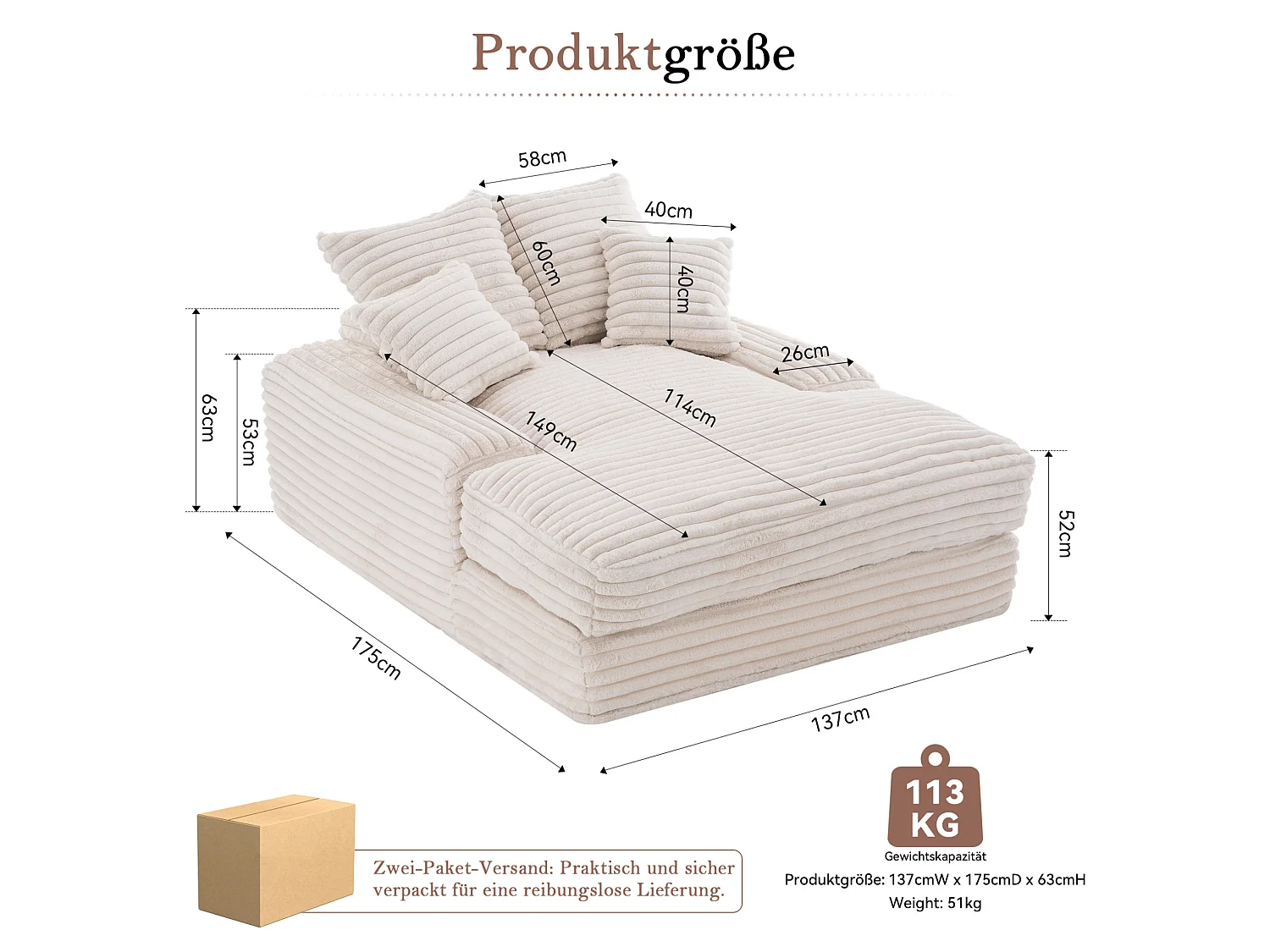 Canapé 1 place avec 4 coussins, en velours côtelé, beige, 175x137x63 cm