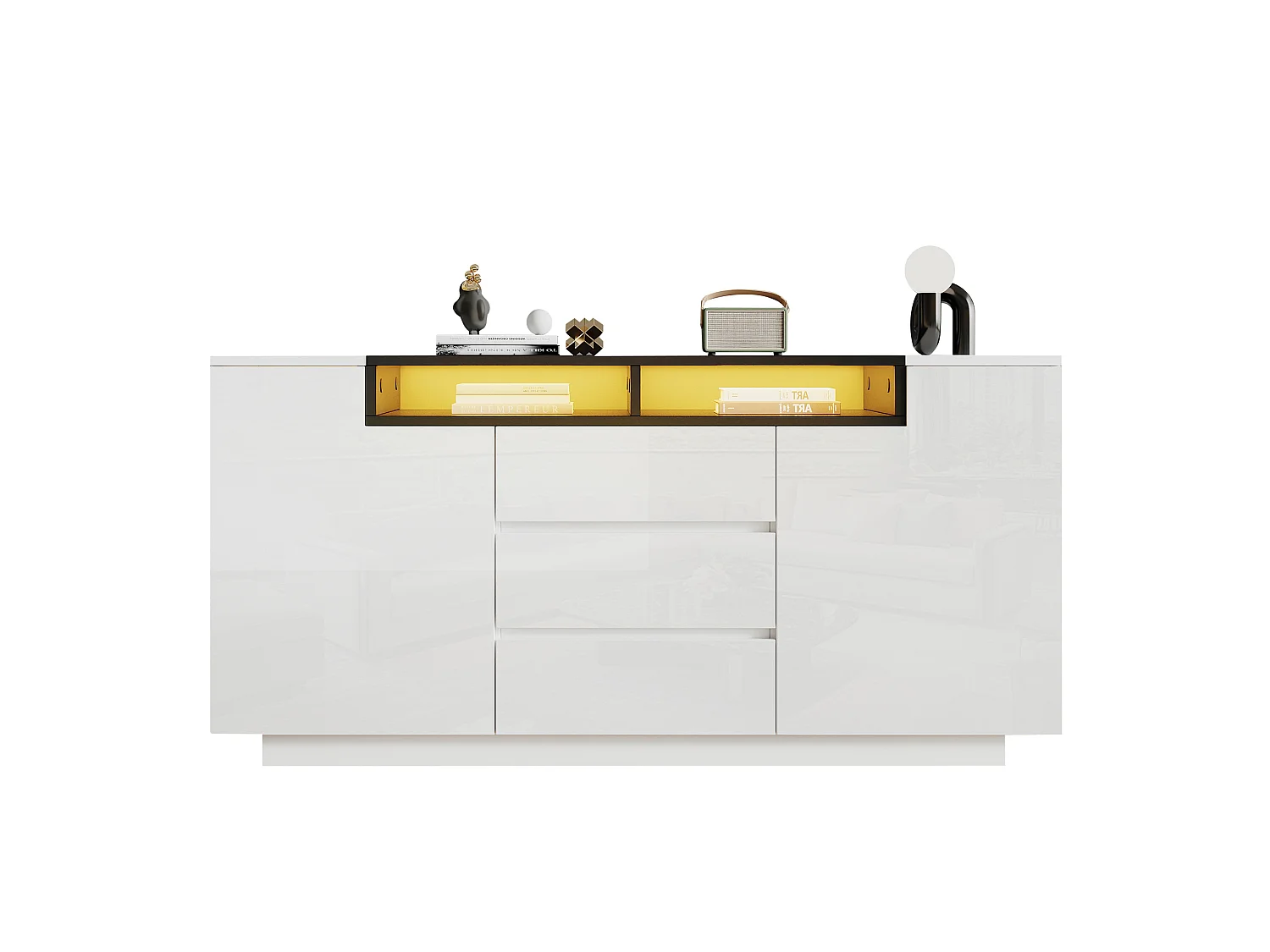 Buffet avec Led, 2 portes en L et 3 tiroirs, blanc et noir, 140x40x68 cm