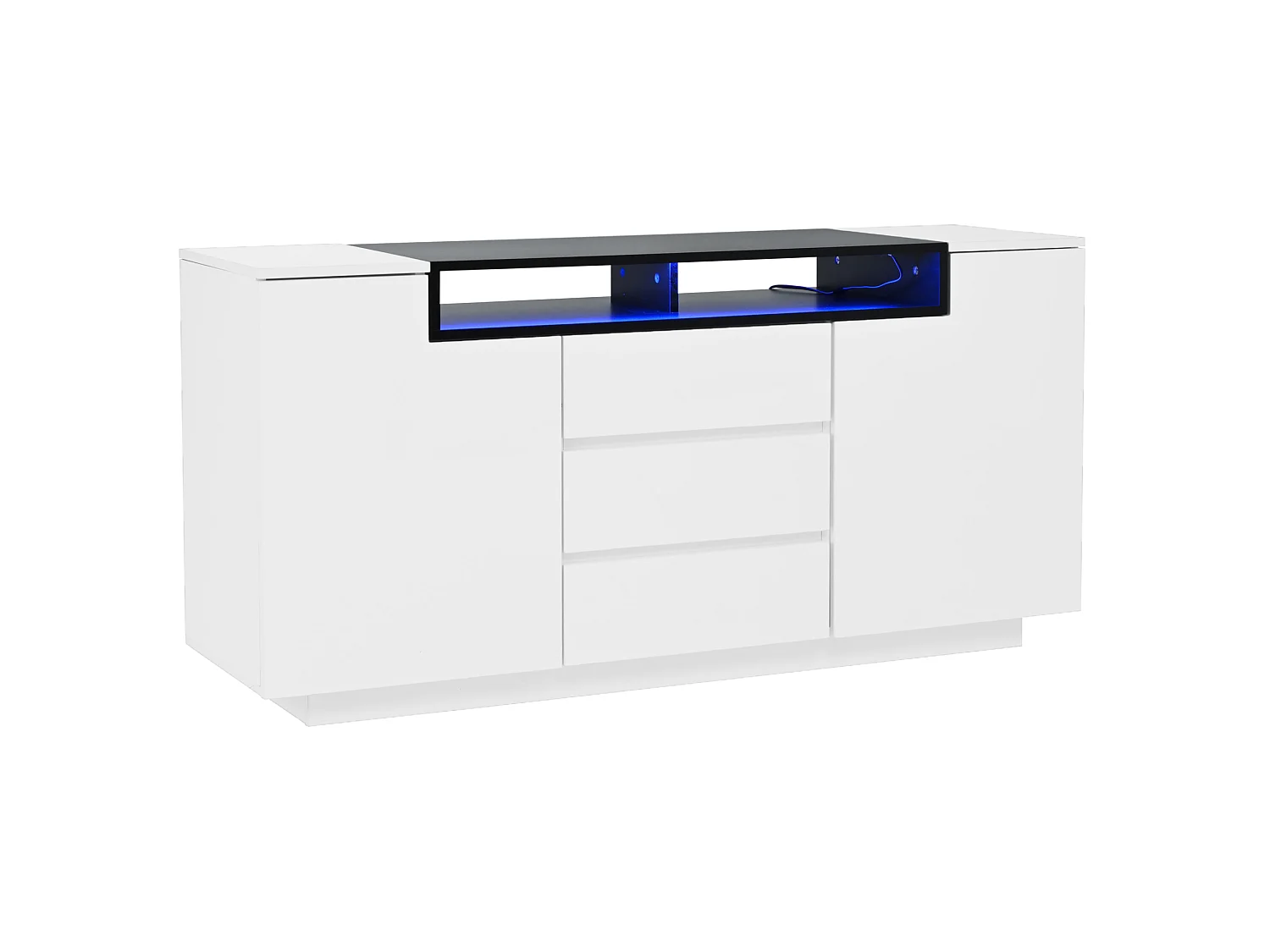 Buffet avec Led, 2 portes en L et 3 tiroirs, blanc et noir, 140x40x68 cm