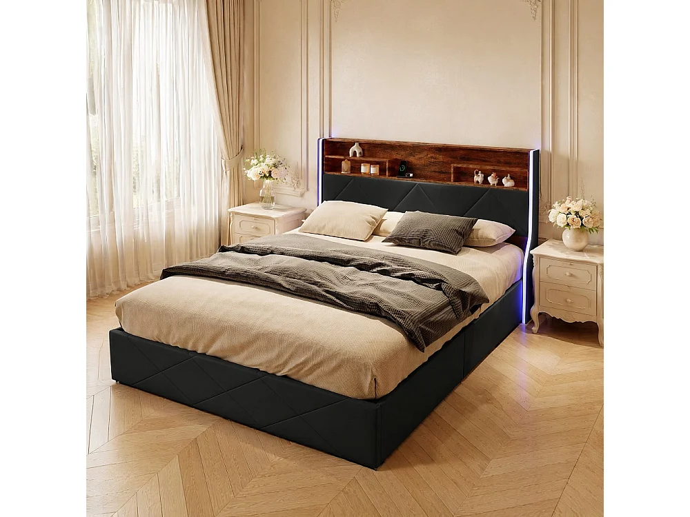Lit hydraulique - 160 x 200 cm - Cabinet LED avec espace de stockage - avec station de charge USB - PU - noir