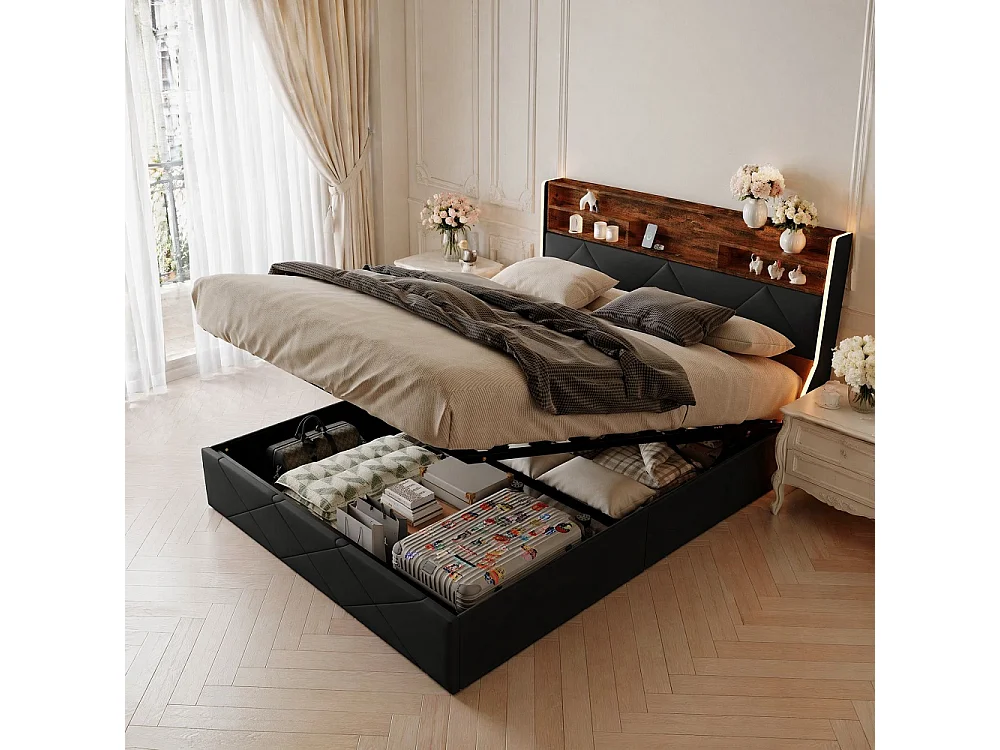 Lit hydraulique - 160 x 200 cm - Cabinet LED avec espace de stockage - avec station de charge USB - PU - noir